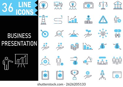 Business Presentation line icons collection – Seminar, Meeting, Whiteboard, Conference, Business People, Plan, Keynote, Audience, Briefing. Editable Line Icons. Vector Illustration