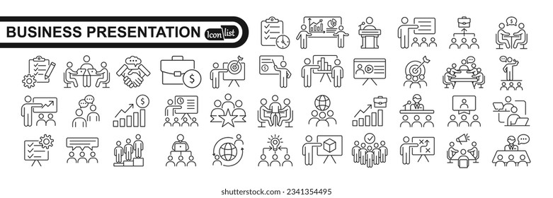 Business presentation line icons set. Presentation, business, seminar, partnership, goals, meeting, whiteboard, conference and business plan icons. Vector illustration