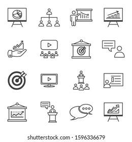 Business presentation lines icon set. Contains such Icons as profit, strucutre, video, target, speak podium, and more. Editable Stroke