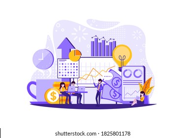Business presentation. Man from one company giving a bright sales pitch or feedback presentation to representatives from another company who are watching and taking notes in their laptop. Vector illus