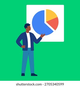 Business presentation with a man pointing at a pie chart on a green background
