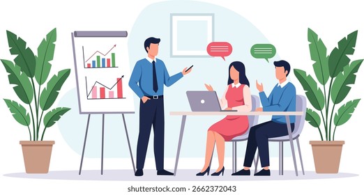 Apresentação de negócios com um homem apresentando dados em um flip chart para uma mulher e um homem em uma mesa com um laptop.