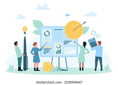 Business presentation and marketing analysis by office team vector illustration. Cartoon tiny people work with pen, calculator and charts on board, characters training with corporate statistics