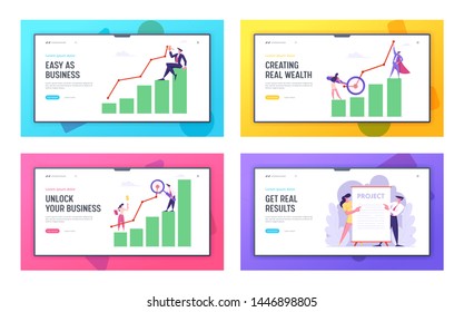 Business Presentation, Marketing Solution Development Website Landing Page Set, Employees Performing New Project Idea, Data Analysis Arrow Graph, Web Page, Cartoon Flat Vector Illustration, Banner