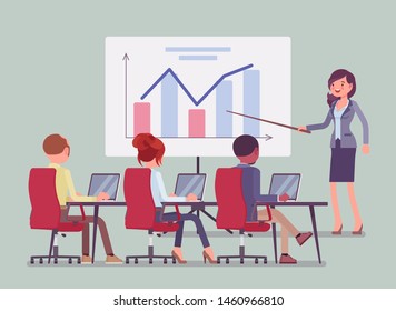 Business presentation and meeting in office. Gathering for selling idea or product, training purposes, speech to motivate company audience, tutorial for workers. Vector flat style cartoon illustration