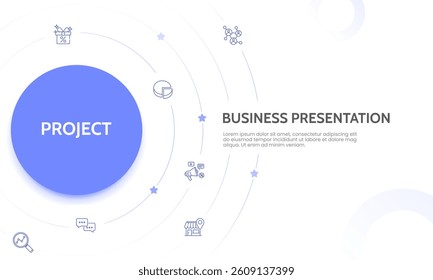 Business presentation modern circle design with icons. Data, Banner, Brochure and Strategy. Vector illustration.
