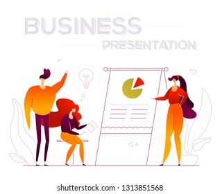 Business presentation - modern flat design style colorful illustration on white background. High quality composition with characters. A woman showing diagrams on flip chart, colleagues making notes