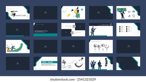 Business presentation, monetary and financial circulation, golden dollar coins. Set, powerpoint. Infographic design, green black elements. Team of people creates a business, photo. Vector illustration