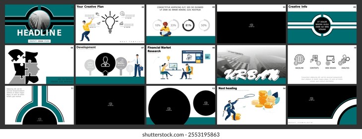 Business presentation, monetary and financial circulation, golden dollar coins. Set, powerpoint. Infographic design, green black elements. Team of people creates a business, photo. Vector illustration