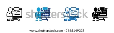 Business Presentation Multi Style Icon Vector Design - Person presenting data on board with speech bubble, representing meeting or pitch