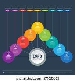 Business presentation with nine options. Dynamic infographics of technology or education process. Business data visualization with simple elements. Web Template of a info chart, mind map or diagram.