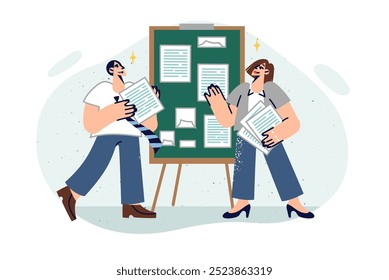 Business presentation from office employees hanging documents with financial charts on board. Business presentation for investors or potential partners from clerks who have analyzed market