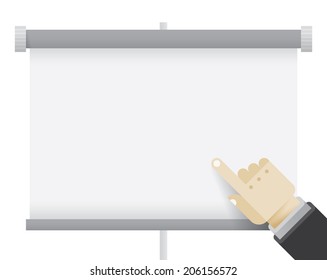 Business presentation office roll-up display board with pointing businessman hand.  With copy space for your business text - company information, business plan, diagrams and graphs etc.
