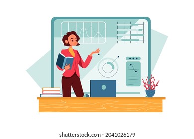 Business presentation in office. Young girl points on board Illustration concept. Flat illustration isolated on white background.