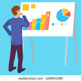 Business presentation on board vector, isolated character thinking on new concept. Achievements of plan, male planning strategy of organization data