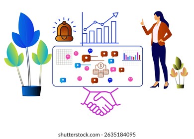 Apresentação de negócios sobre gerenciamento e desenvolvimento de projetos. Ilustração vetorial para apresentação de negócios sobre pessoas, reuniões de negócios, gestos, discussões, reuniões, seminários, trabalho em equipe