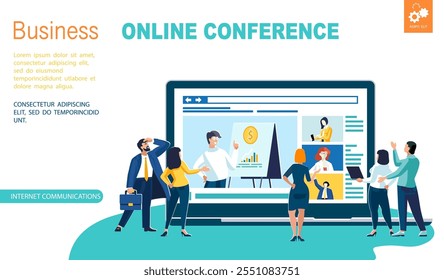 Business presentation, online conference. Banner, office where employees and businessmen work online at laptop. Business people. Teamwork, financial market analysis, design. Vector illustration