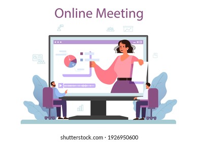 Business presentation online service or platform. Presenting business plan or report on a seminar. Online meeting. Flat vector illustration