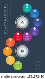 Business presentation with options. Brochure design template on dark background. Technological or education process with ten steps. Vertical Infographic consisting of 2 segments and 10 parts.