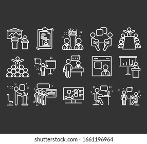 Business Presentation Outlined Pixel Perfect Well-crafted. Contains such Icons as Presenter, Teacher, Audience and more.