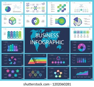 Business presentation page design set can be used for annual report, web design, workflow layout. Analysis concept. Process cart, flowchart, donut, pie graphs, organizational chart, bar graph