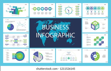 Business presentation page design set can be used for annual report, web design, workflow layout. Analysis concept. Process cart, flowchart, donut, pie graphs, organizational chart, bar graph