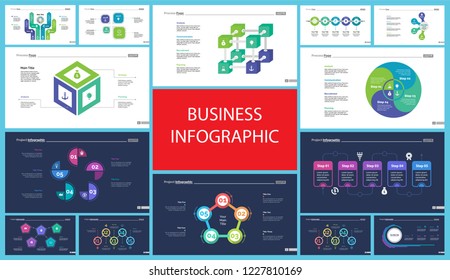 Business presentation page design set can be used for annual report, web design, workflow layout. Analysis concept. Process cart, flowchart, donut, pie graphs, organizational chart, bar graph