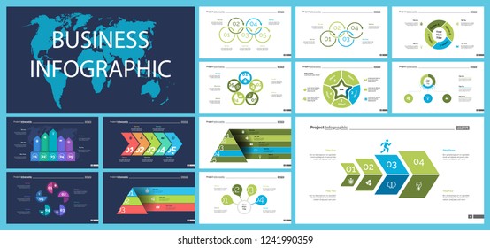 Business presentation page design set can be used for annual report, web design, workflow layout. Analysis concept. Process cart, flowchart, donut, pie graphs, organizational chart, bar graph