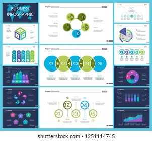 Business presentation page design set can be used for annual report, web design, workflow layout. Analysis concept. Process cart, flowchart, donut, pie graphs, organizational chart, bar graph