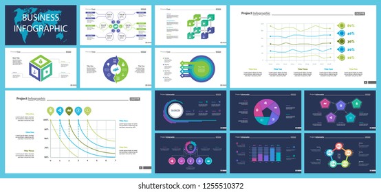 Business presentation page design set can be used for annual report, web design, workflow layout. Analysis concept. Process cart, flowchart, donut, pie graphs, organizational chart, bar graph