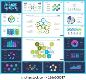 Business presentation page design set can be used for annual report, web design, workflow layout. Analysis concept. Process cart, flowchart, donut, pie graphs, organizational chart, bar graph