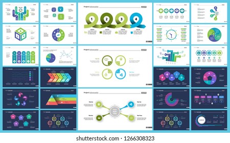 Business presentation page design set can be used for annual report, web design, workflow layout. Analysis concept. Process cart, flowchart, donut, pie graphs, organizational chart, bar graph
