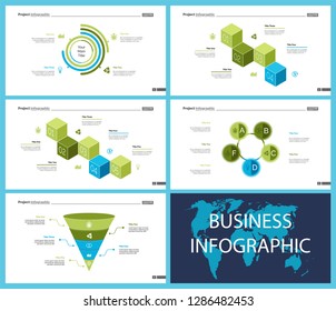 Business presentation page design set can be used for annual report, web design, workflow layout. Analysis concept. Process cart, flowchart, donut, pie graphs, organizational chart, bar graph