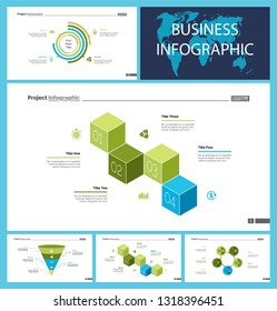 Business presentation page design set can be used for annual report, web design, workflow layout. Analysis concept. Process cart, flowchart, donut, pie graphs, organizational chart, bar graph