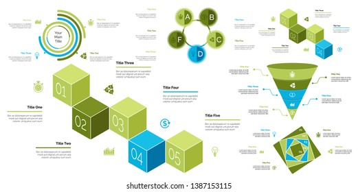 Business presentation page design set can be used for annual report, web design, workflow layout. Analysis concept. Process cart, flowchart, donut, pie graphs, organizational chart, bar graph