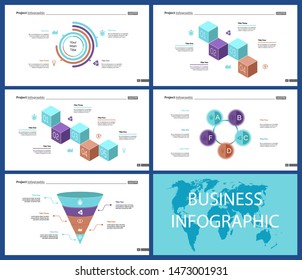 Business presentation page design set can be used for annual report, web design, workflow layout. Analysis concept. Process cart, flowchart, donut, pie graphs, organizational chart, bar graph