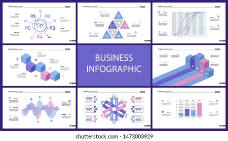 Business presentation page design set can be used for annual report, web design, workflow layout. Analysis concept. Process cart, flowchart, donut, pie graphs, organizational chart, bar graph