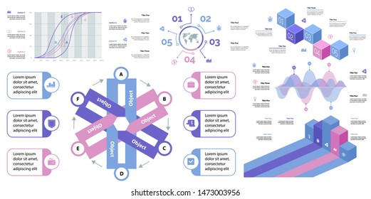 Business presentation page design set can be used for annual report, web design, workflow layout. Analysis concept. Process cart, flowchart, donut, pie graphs, organizational chart, bar graph