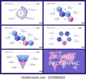 Business presentation page design set can be used for annual report, web design, workflow layout. Analysis concept. Process cart, flowchart, donut, pie graphs, organizational chart, bar graph