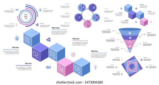Business presentation page design set can be used for annual report, web design, workflow layout. Analysis concept. Process cart, flowchart, donut, pie graphs, organizational chart, bar graph