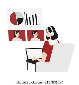 Business Presentation. People on computer screen taking with colleague. Videoconferencing and online meeting workspace vector page. Seminar Online