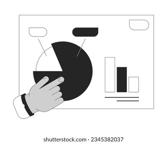 Gráfico circular de presentación de negocio apuntando a la ilustración de punto vectorial de concepto bw. Diagrama de análisis tablero 2D caricatura línea plana monocromática mano para el diseño de interfaz de usuario web. Imagen de héroe de contorno aislado editable