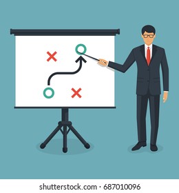 Business presentation planning strategy. Business tactic. Businessman standing whiteboard showing scheme. Pointing and explains chart. Vector illustration of flat design style. Plan to achieve goal.