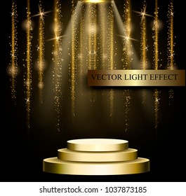 Business presentation podium of three steps with the track. Bright spotlights. 3d rendering, vector graphics. Sparkle stardust. Golden glittering magic vector