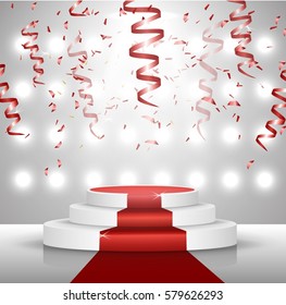 
Business presentation podium of three steps with the track. Bright spotlights. solemn presentation, streamers and confetti. 3D-rendering of vector graphics.