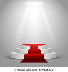 
Business presentation podium of three steps with the track. Bright spotlights. 3d rendering, vector graphics.