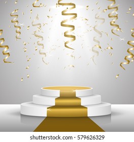 
Business presentation podium of three steps with the track. Bright spotlights. solemn presentation, streamers and confetti. 3D-rendering of vector graphics.