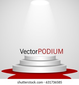 Business presentation podium of three steps with the track. Bright spotlights. 3d rendering, vector graphics.