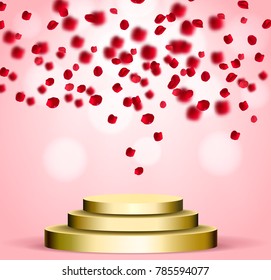 Business presentation podium of three steps with the track. Bright spotlights. 3d rendering, vector graphics. Falling realistic rose petals and gold scene. Vector illustration.