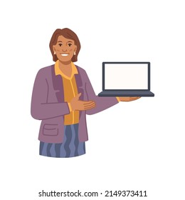 Business presentation, pointing to main features and qualities of product. Vector flat cartoon character holding laptop in hand showing on monitor or screen. Lady product manager or boss